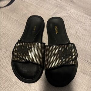 Michael Kors Black and Gold Slide Sandals